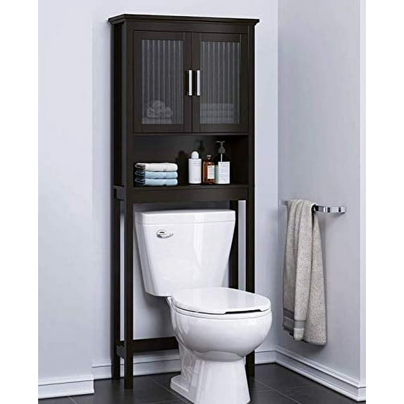 Spirich Home Bathroom Shelf Over The Toilet, Bathroom Cabinet Organizer with Tempered Glass Door (Espresso)