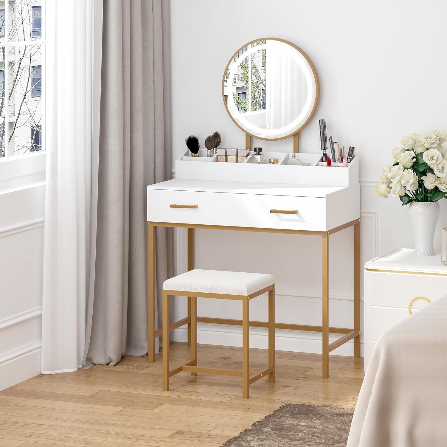 Small vanity desk mirror with lights discount