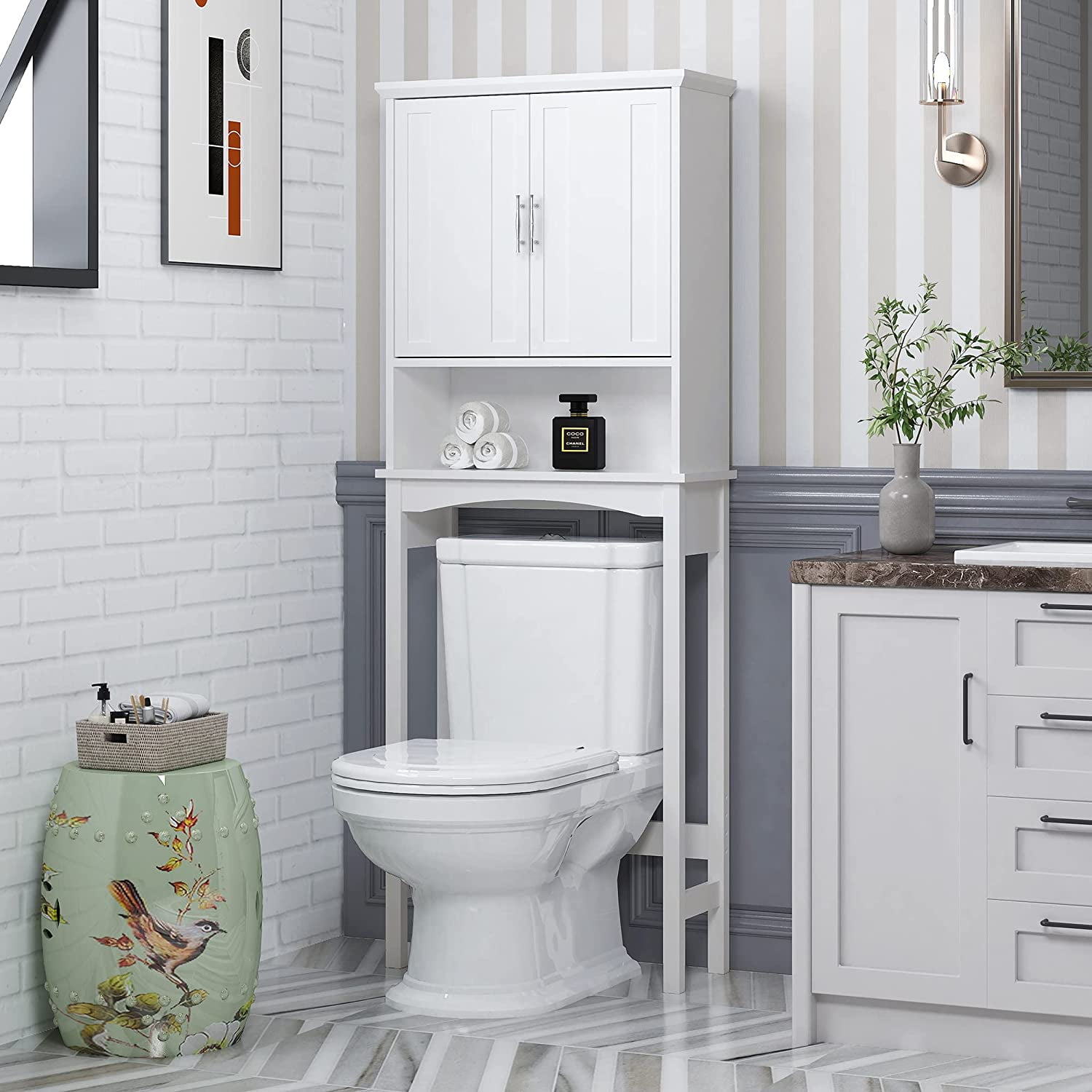 Spirich-2 in 1 Toilet Roll Paper Holder with Bathroom Storage Cabinet  ,White - White - Bed Bath & Beyond - 31893745