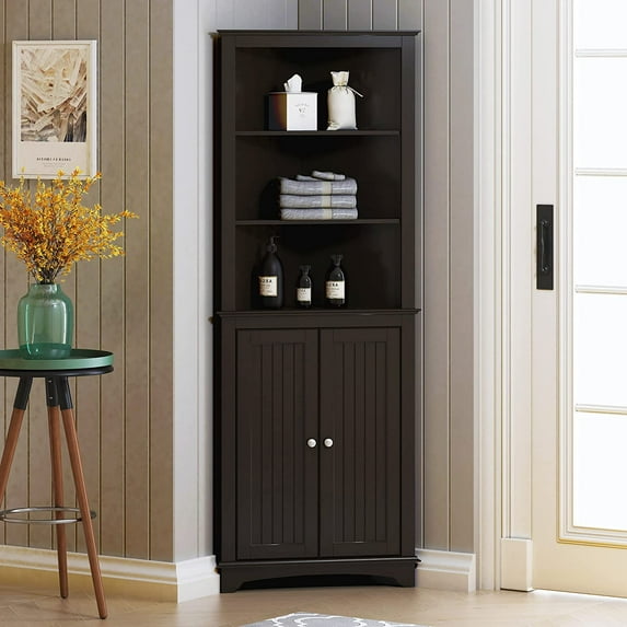 Spirich Home Tall Corner Cabinet with Two Doors and Three Tier Shelves, Free Standing Corner Storage Cabinet for Bathroom, Kitchen, Living Room or Bedroom, Espresso
