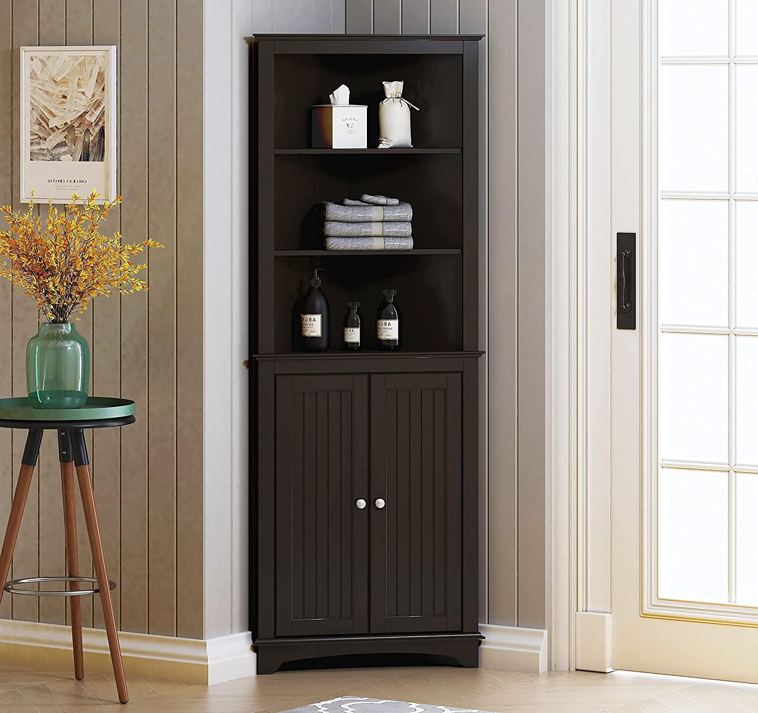 Spirich Tall Corner Cabinet with Two Doors and Three Tier Shelves, Free  Standing Corner Storage Cabinet for Bathroom, Kitchen, Living Room, Espresso