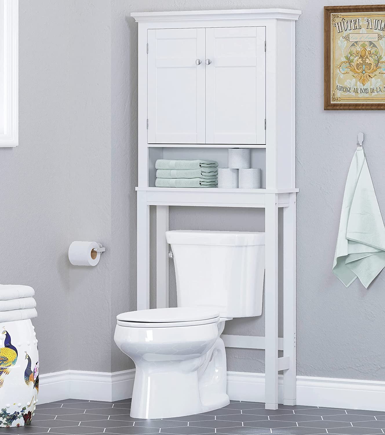 Spirich Over-the-Toilet Storage Cabinet with Adjustable Shelf, Space-Saving Bathroom Organizer, White