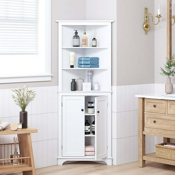 Spirich Tall Corner Storage Cabinet, Bathroom Floor Storage Cabinet with Doors and Adjustable Shelves, Freestanding Tall Cabinet Organizer for Bathroom, Kitchen, Living Room or Bedroom, White