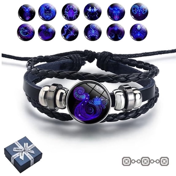 Bracelets for Women & Men, Zodiac Signs Spirit Bracelets, Zodiac Signs Spirit Bangle, Multilayer Adjustable 12 Constellations PU Leather Zodiac Bangle Unisex (Aquarius)