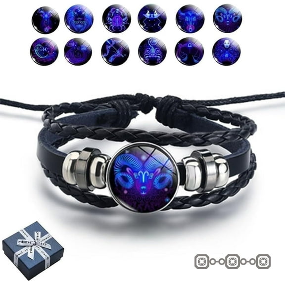 Spirilet Bracelets for Women & Men, Zodiac Signs Spirit Bracelets, Zodiac Signs Spirit Bangle, Multilayer Adjustable 12 Constellations PU Leather Zodiac Bangle Unisex (Aries)