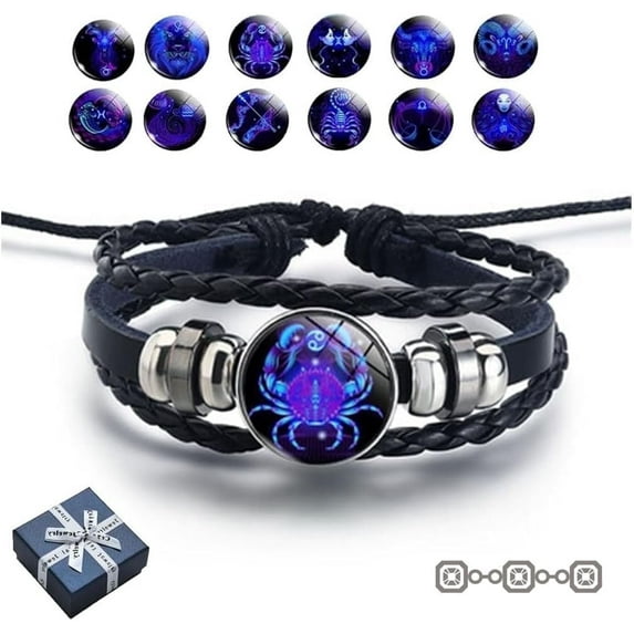 Spirilet Bracelets for Women & Men, Zodiac Signs Spirit Bracelets, Zodiac Signs Spirit Bangle, Multilayer Adjustable 12 Constellations PU Leather Zodiac Bangle Unisex (Cancer)