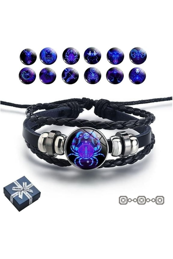 Spirilet Bracelets for Women & Men, Zodiac Signs Spirit Bracelets, Zodiac Signs Spirit Bangle, Multilayer Adjustable 12 Constellations PU Leather Zodiac Bangle Unisex (Cancer)