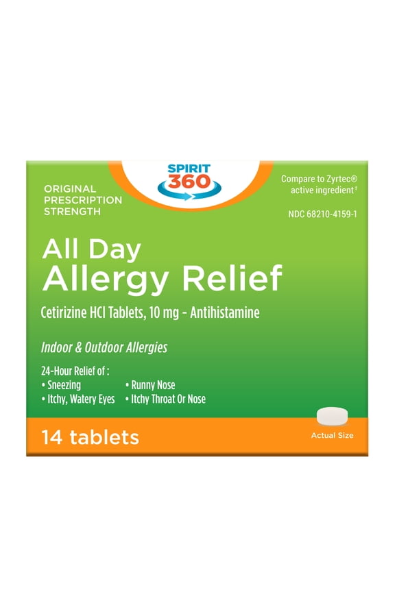 Spirit 360 All Day Allergy Relief, Indoor/Outdoor, 10mg Cetirizine Hcl, 14 Tablets