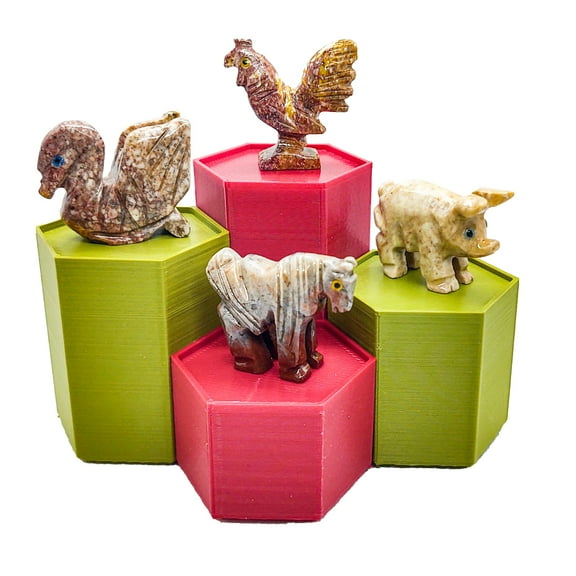 Spirit Animal Worlds - On the Farm Set - Hand Carved Collections of Swan, Rooster, Barn Pig, and Horse Natural Stone Figurines with Display Stands and Information Card