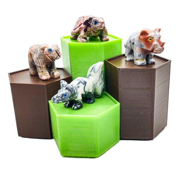 Spirit Animal Worlds - Forest Favorites Set - Hand Carved Collections of Bear, Turtle, Wild Boar and Fox Natural Stone Figurines with Display Stands and Information Card