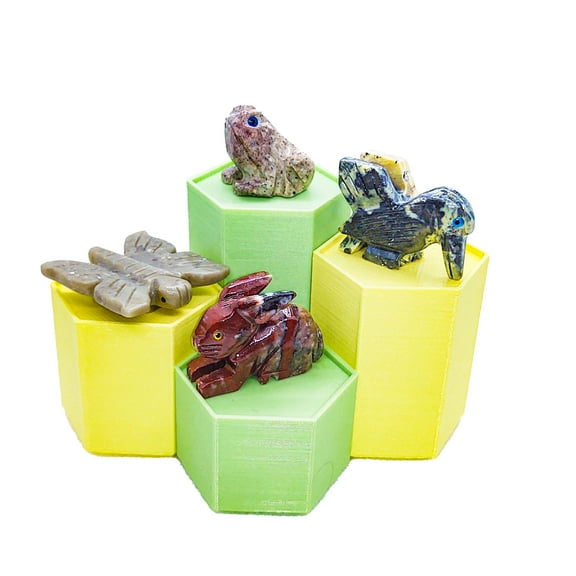 Spirit Animal Worlds - In The Garden Set - Hand Carved Collections of Butterfly, Frog, Hummingbird, and Rabbit Natural Stone Figurines with Display Stands and Information Card