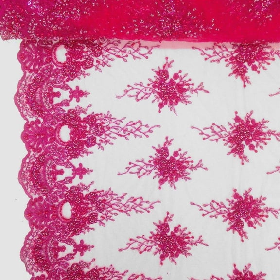 Spirit Bridal Lace Sequins Beaded Scallop Fabric for Dresses 52’’ BTY (Fuchsia)