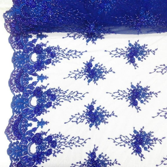 Spirit Bridal Lace Sequins Beaded Scallop Fabric for Dresses 52’’ BTY&nbsp;(Royal Blue)