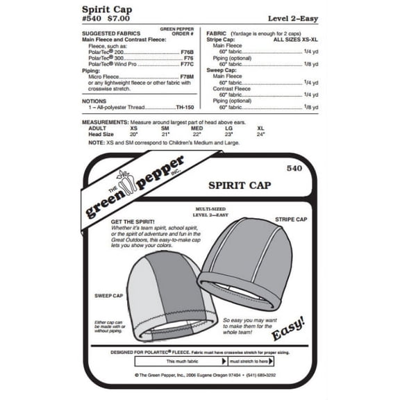 Spirit Cap Hat Headgear Head-wear #540 Sewing Pattern (Pattern Only)