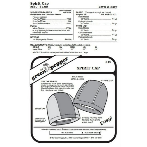 Spirit Cap Hat Headgear Head-wear #540 Sewing Pattern (Pattern Only)