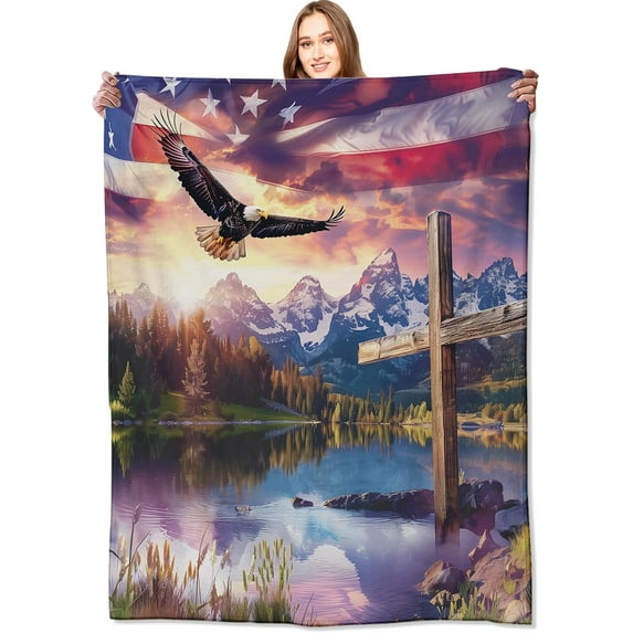 Spirit of Freedom Majestic Eagle Blanket,American Flag Cross Patriotic Throw Blankets,Gifts for Adults,Lightweight Soft Fleece,for Sofa Couch Bed Room Travel,Birthday Christian Decor,50x60in