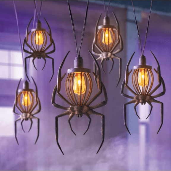Spirit Halloween Spider Flame Lights- Halloween Spider Shaped Hanging Light, Vintage Metal Frame String Light with Warm Amber Glow for Indoor/Outdoor Decor Halloween Decorations