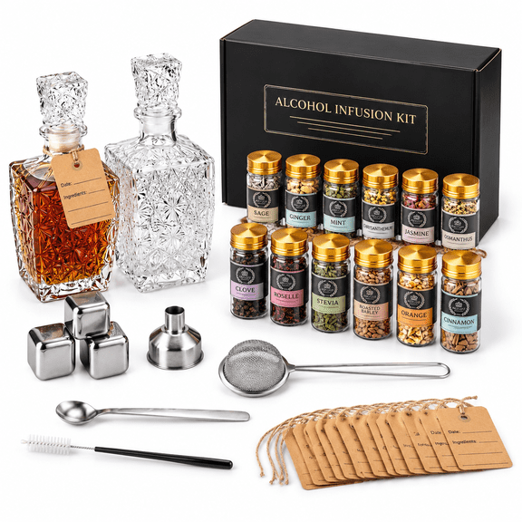Spirit Infusion Kit for Gin Rum Tequila with Glass Decanters and Stainless Steel Accessories