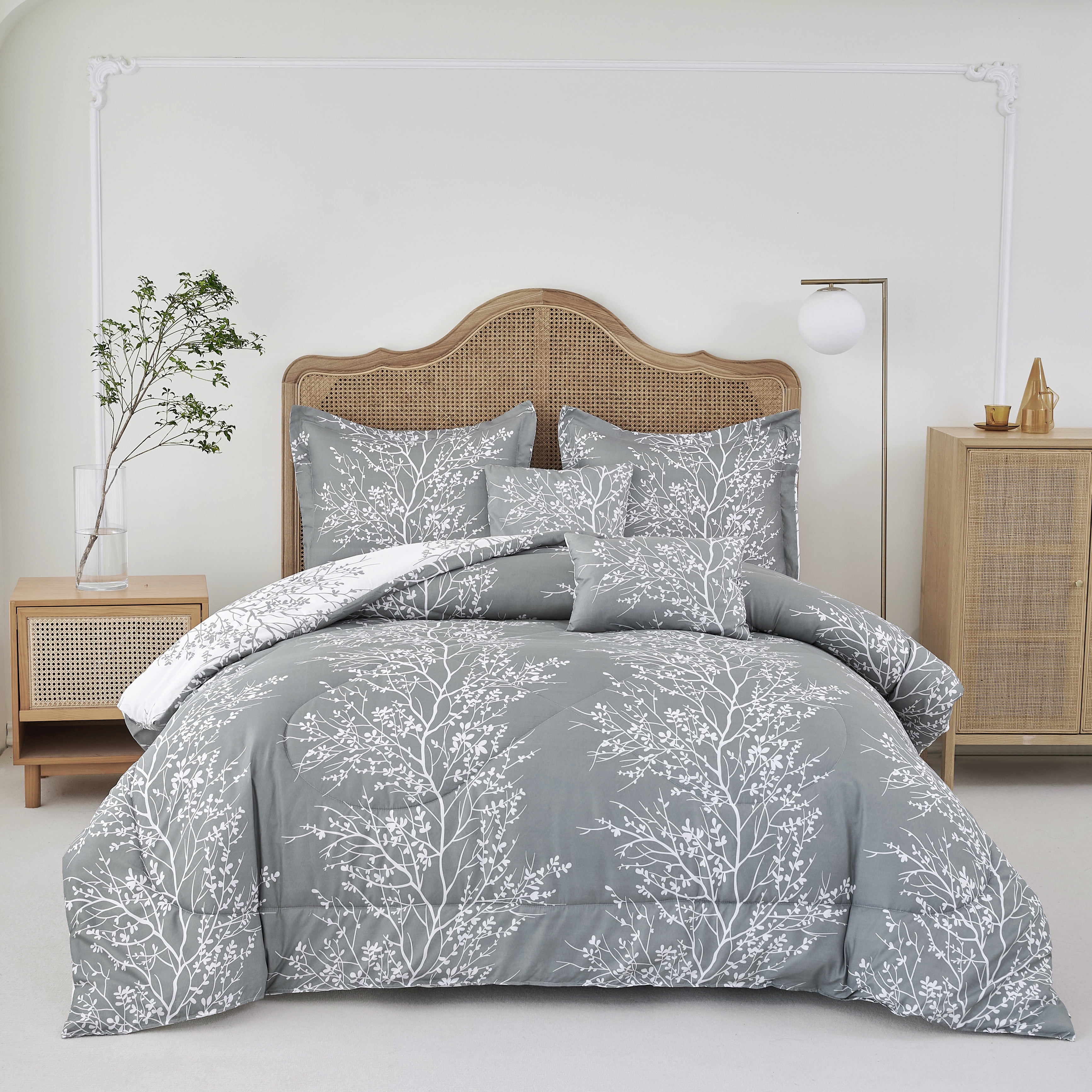 Gray Twin Microfiber Reversible Comforter Set with Foliage Design