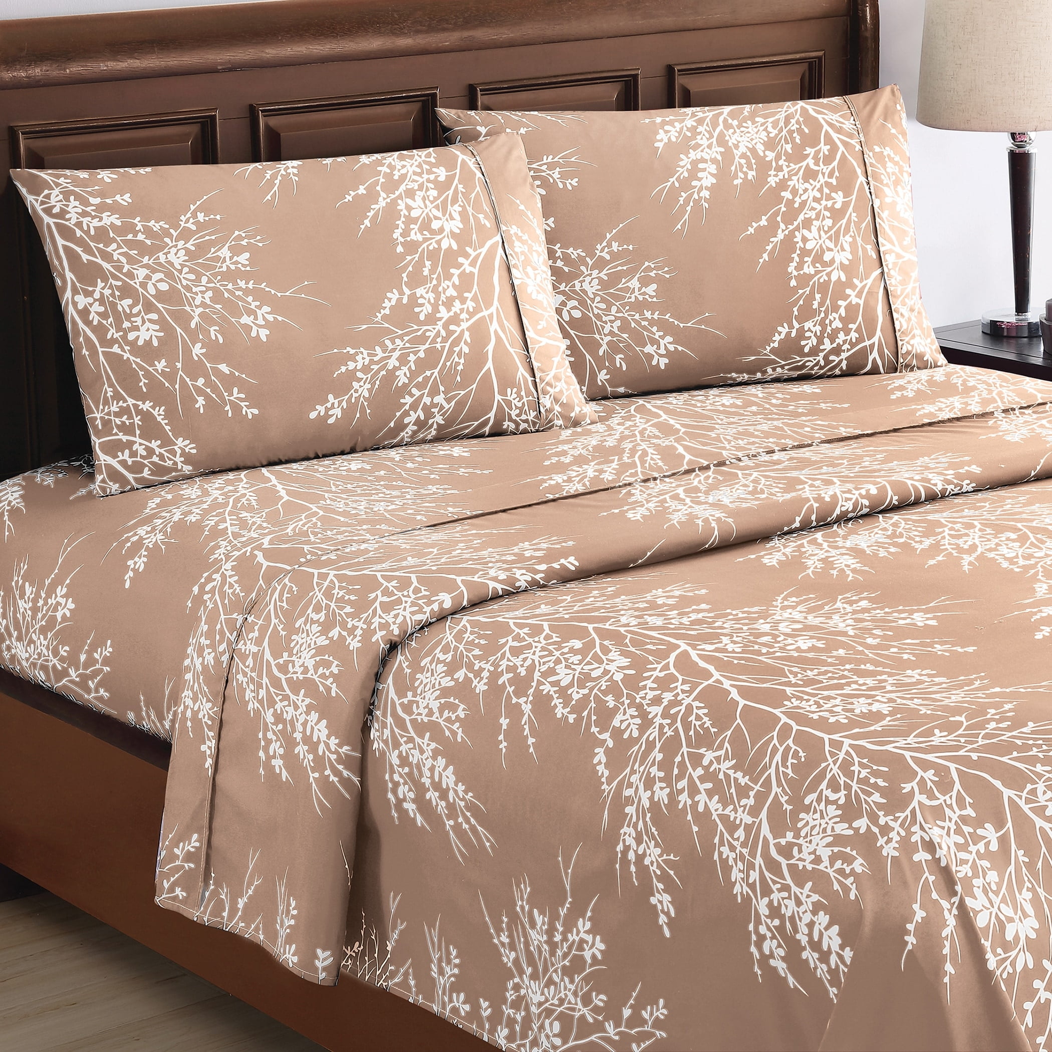 Taupe Floral Full Size Polyester Microfiber Sheet Set