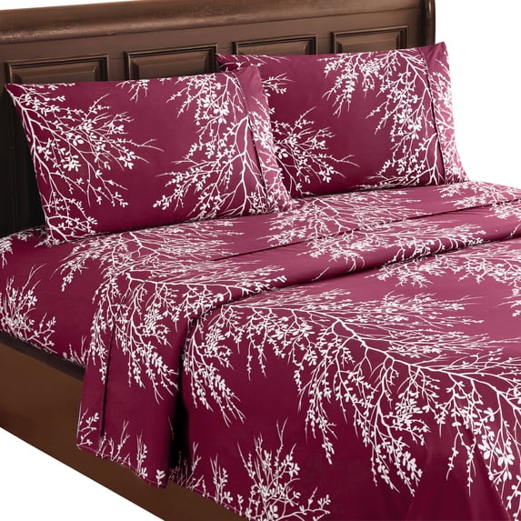Collections Etc 4-Piece Foliage Bed Sheets and Pillowcases Set | Graceful Branch Design | Fitted Sheet, Flat Sheet, Pillowcases | Machine Wash, Polyester
