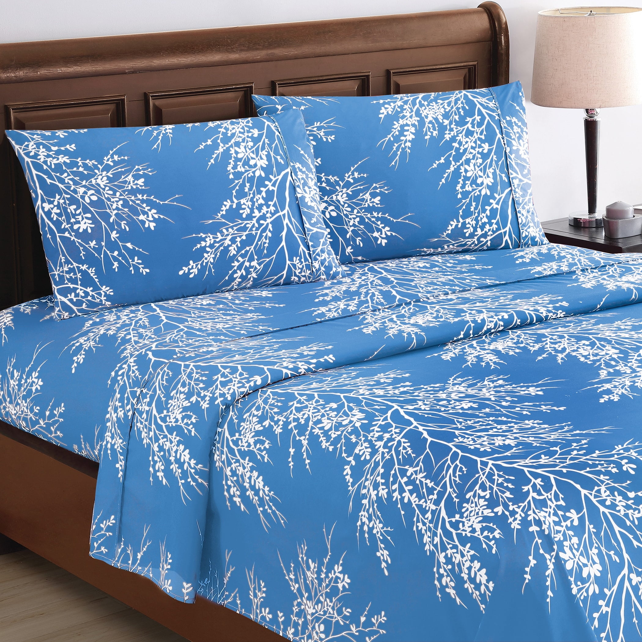 King Light Blue Microfiber Floral Print Sheet Set