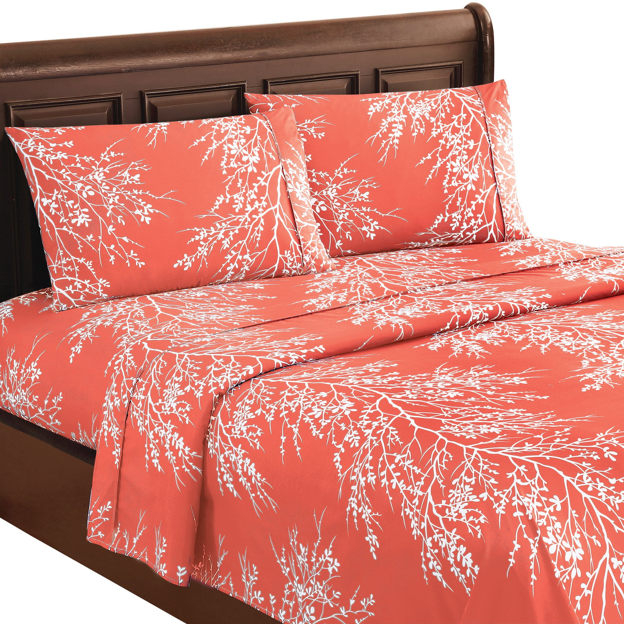 Coral and White Floral Queen Microfiber Sheet Set