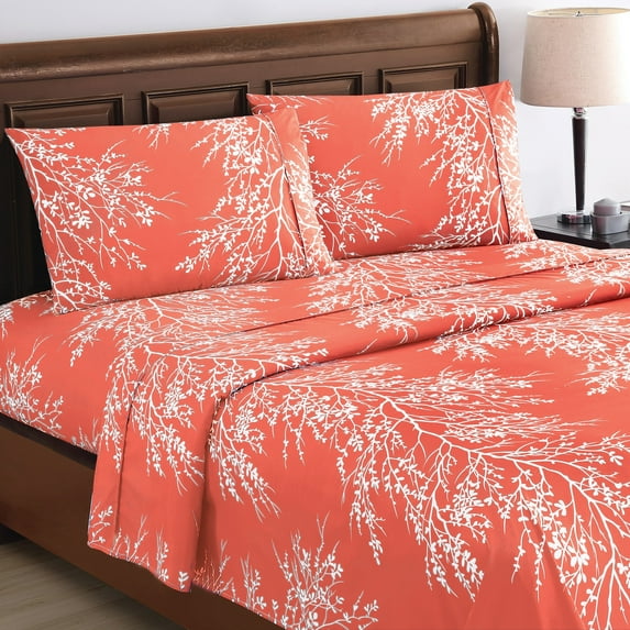 Spirit Linen Home - Twin Microfiber Foliage Coral/White Sheet Set