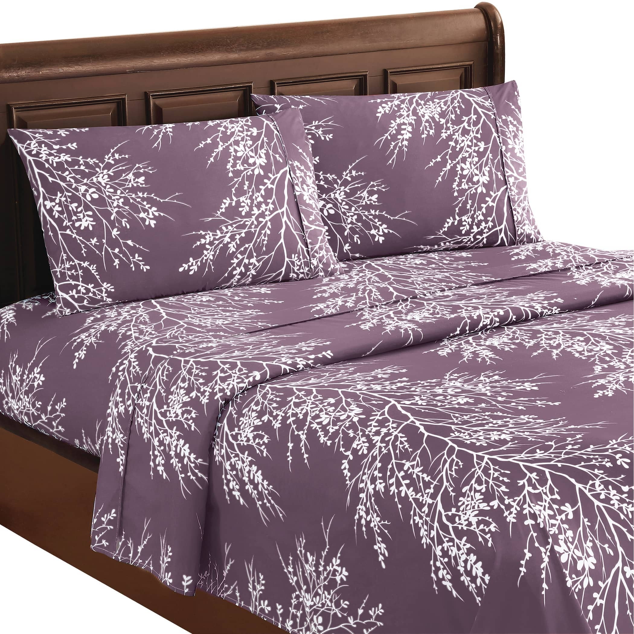 Lilac and White Foliage Print Twin Microfiber Sheet Set