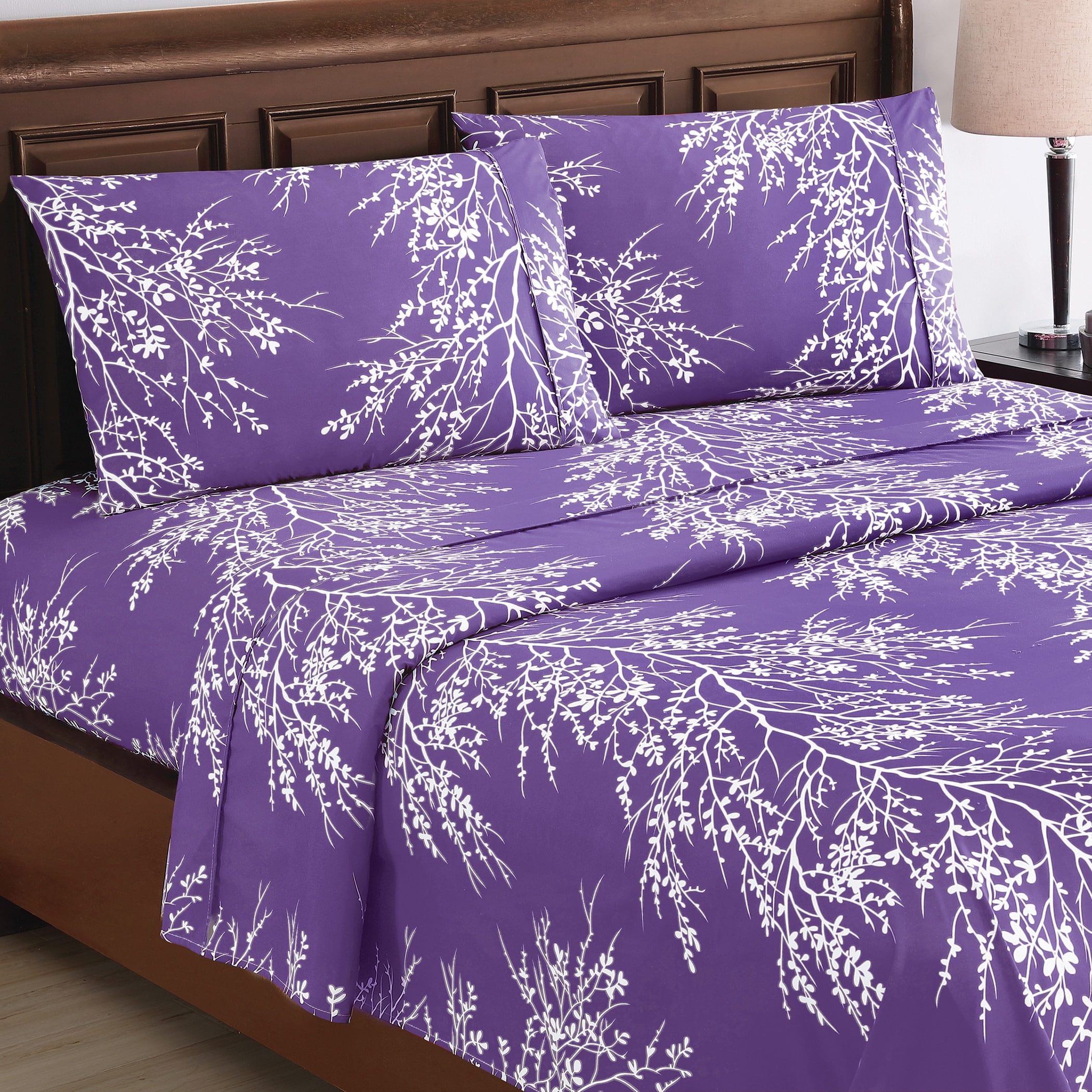 Purple Floral Twin Microfiber Polyester Sheet Set