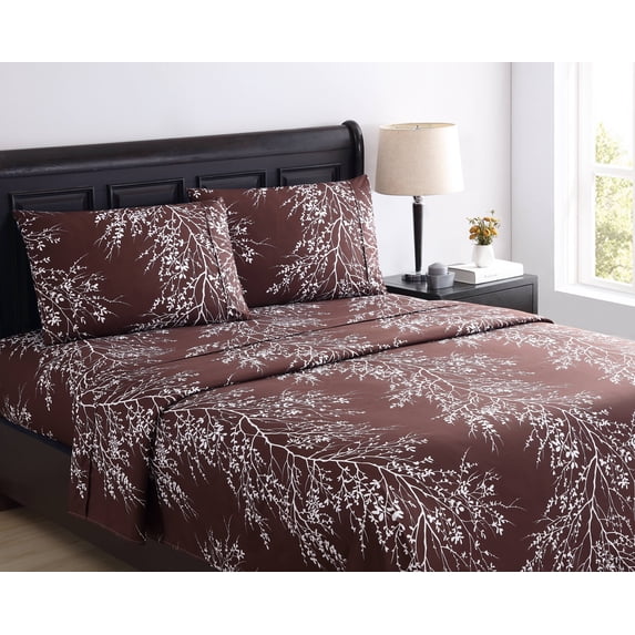 Spirit Linen Home - King Microfiber Foliage Chocolate/White Sheet Set