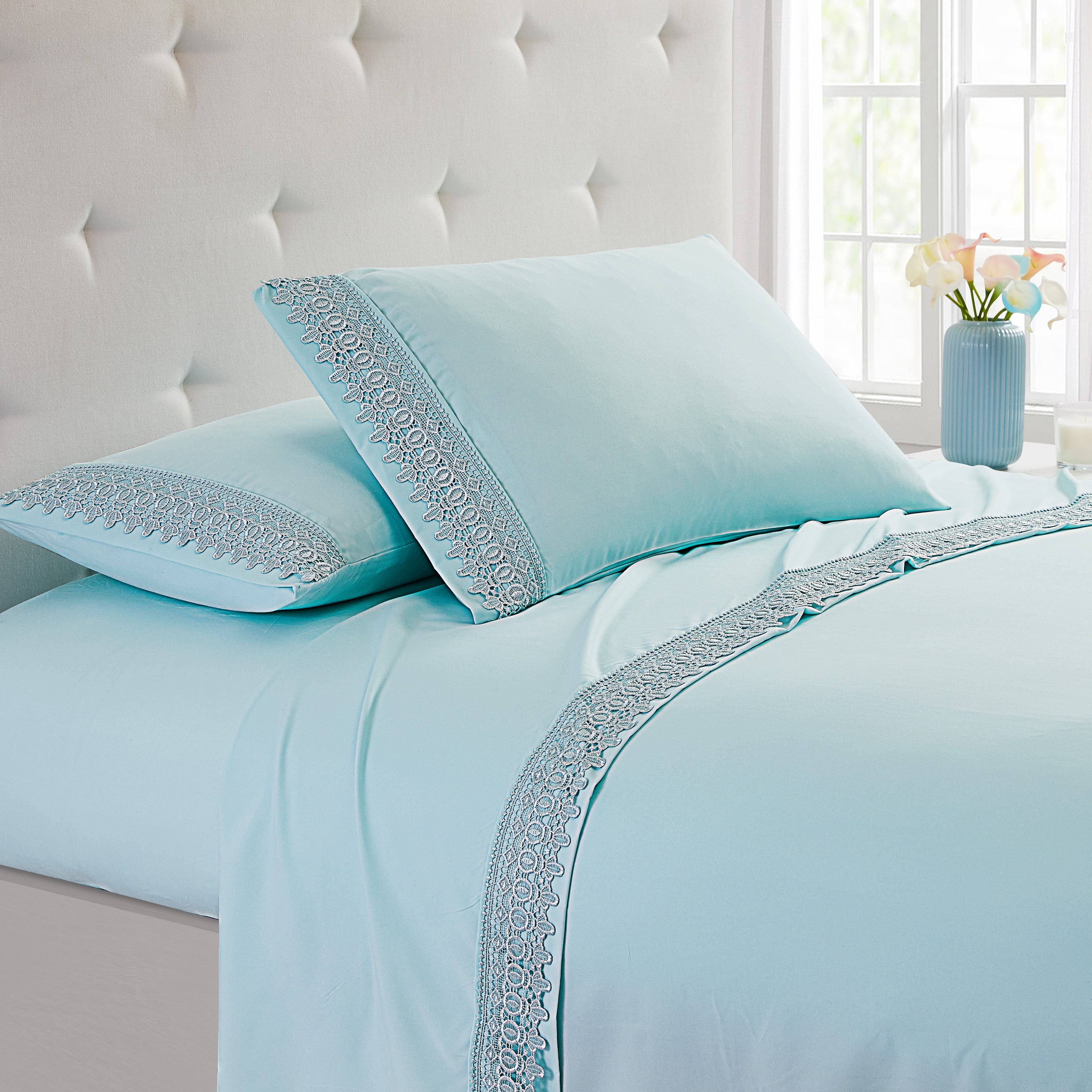 Whisper Blue Embroidered Microfiber Full Sheet Set