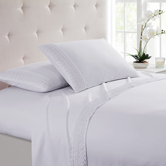 Spirit Linen Home - Full Microfiber Lace White Sheet Set