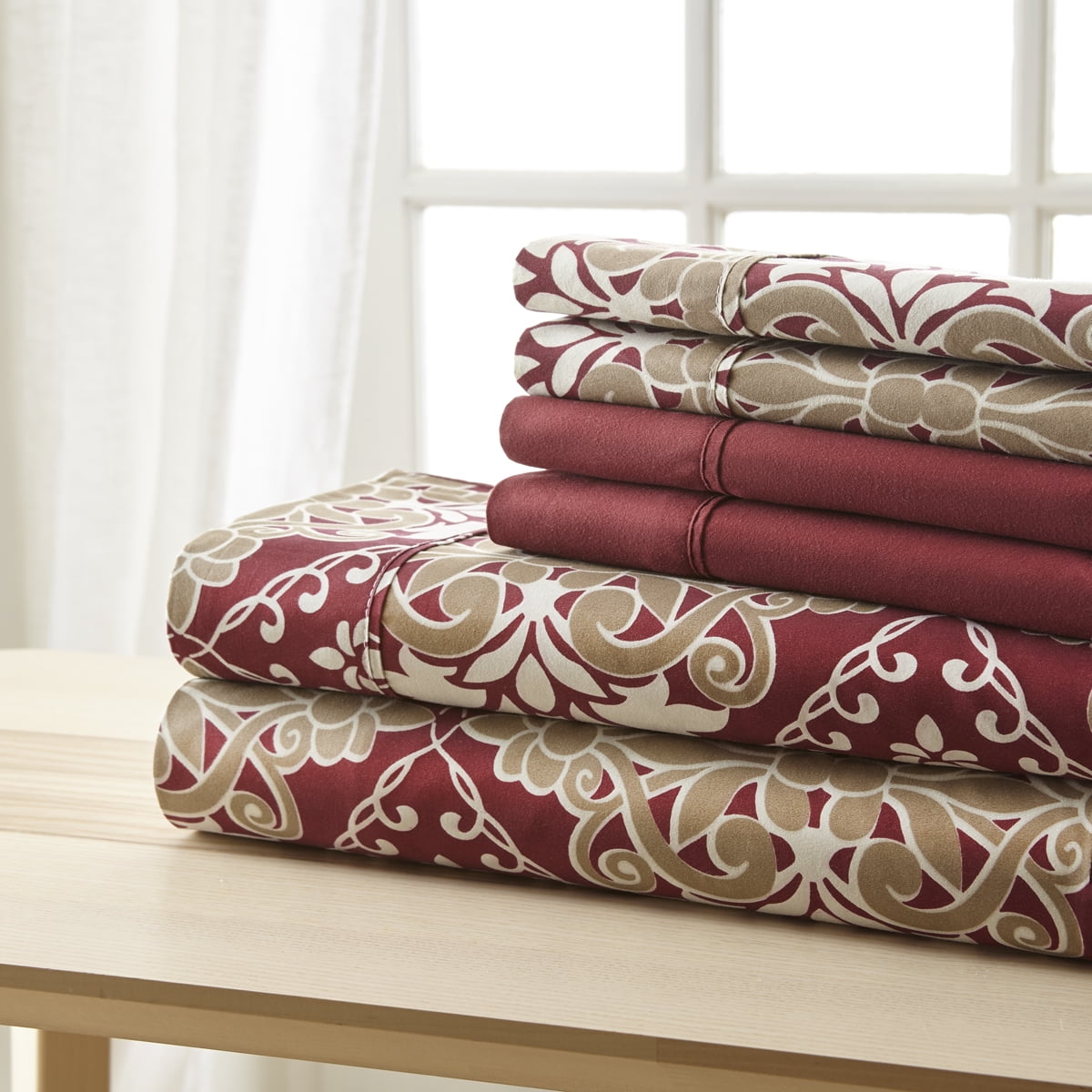 King Burgundy Damask Microfiber 6-Piece Sheet Set