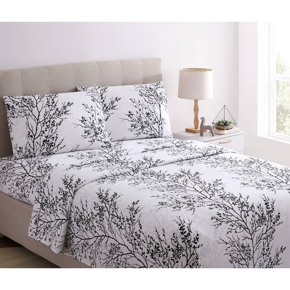 Spirit Linen Home - King Microfiber Foliage White/Black Sheet Set