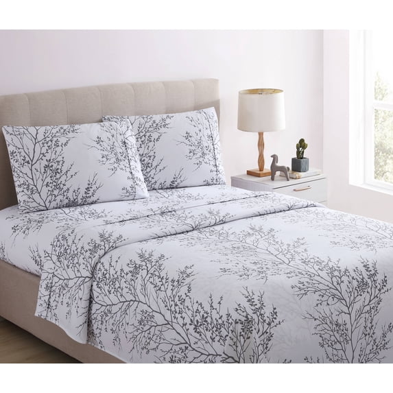 Spirit Linen Home - King Microfiber Foliage White/Gray Sheet Set