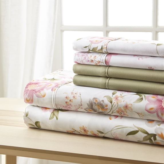 Spirit Linen Home - King Microfiber Traditional Pink Green Floral Sheet Set