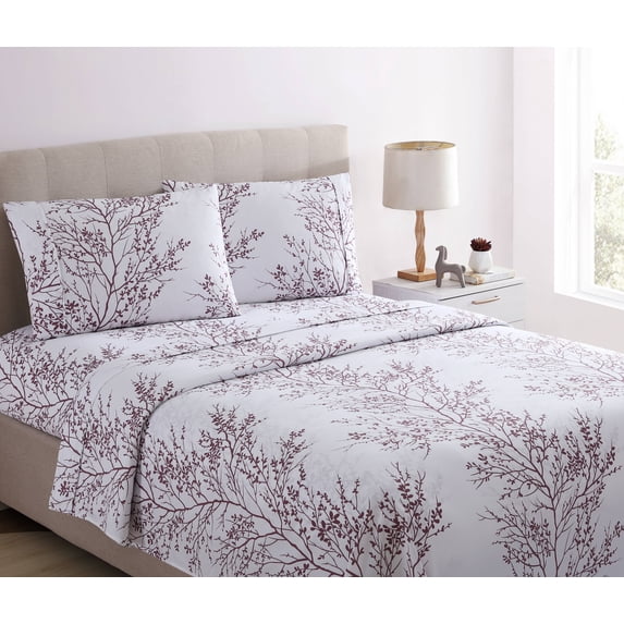 Spirit Linen Home - Queen Microfiber Foliage White/Lilac Sheet Set