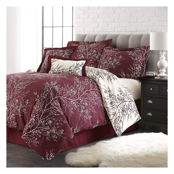 Spirit Linen - Queen Bed in a Bag, 6-Piece Oversized Reversible Bedding with Matching Shams & Bed Skirt, Home Decor for All Season (Foliage Burgundy/Ivory, Queen)