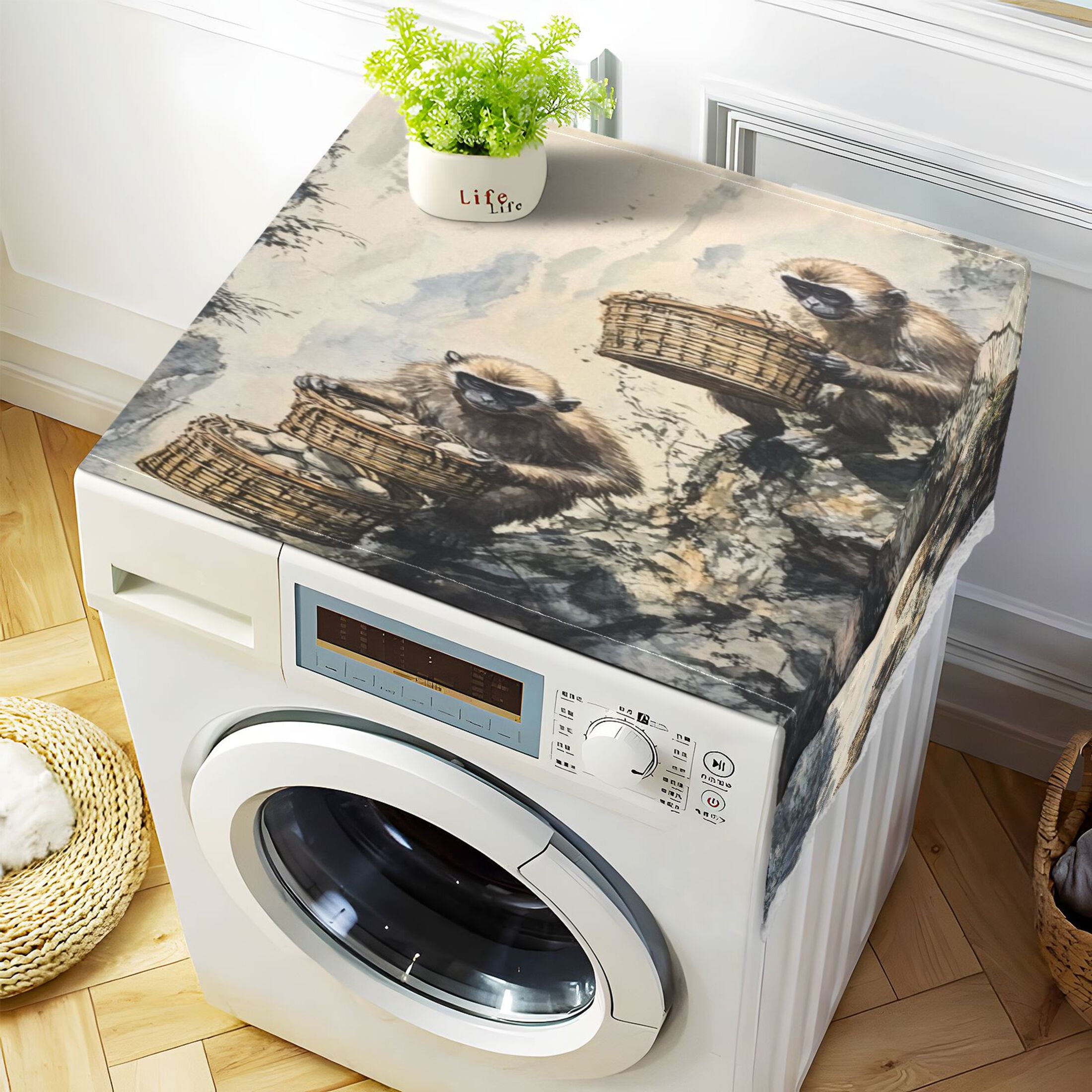 Spirit MonkeysWasher and Dryer Covers Dust-Proof and Oil Resistant Fridge Cover with 4 Storage Pockets Washing Machine Top Cover for Laundry Kitchen Home 51.2 x 22 In