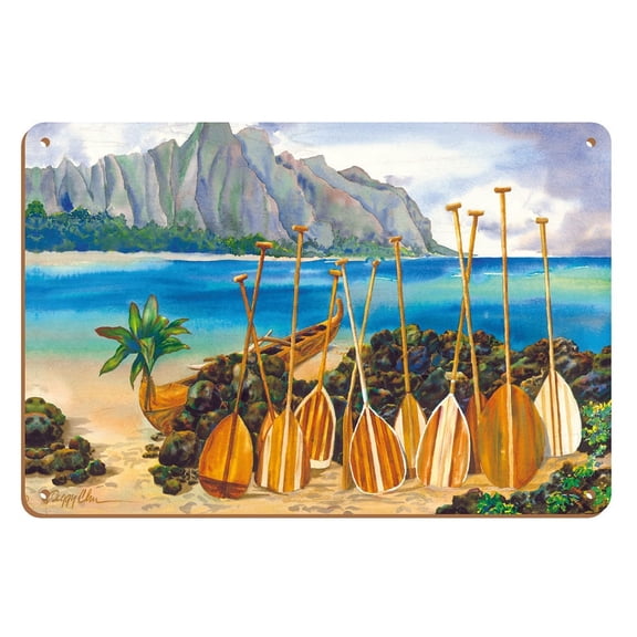 Spirit Of The Paddles - Hawaiian Canoe (Wa’a) and Paddles (Hoe) - From an Original Hawaii Watercolor Painting by Peggy Chun - 8 x 12 inch Vintage Wood Art Sign