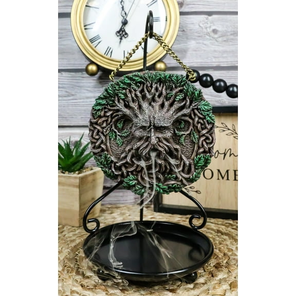 Spirit Tree God Ent Celtic Greenman Round Disk Backflow Incense Cone Burner