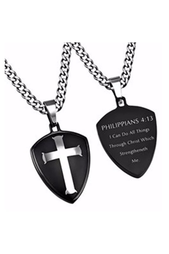 Spirit & Truth Jewelry 201818 Black R2 Shield Cross Mens Necklace with 24 in. Chain-Christ My Strength