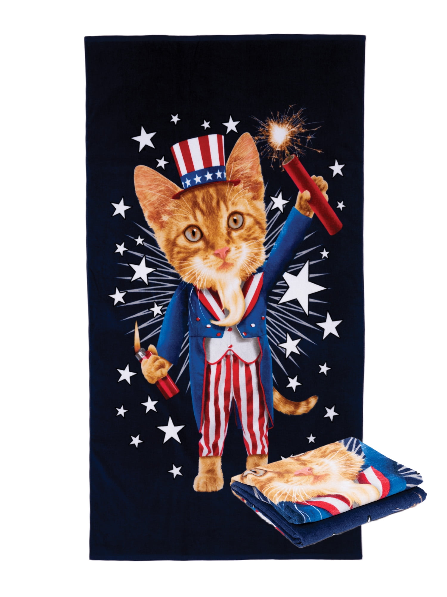 Spirit of America Cotton Blend Firework Cat Patriotic Graphic Print Quick  Dry Beach Towel, 34\, image size:1500x2000
