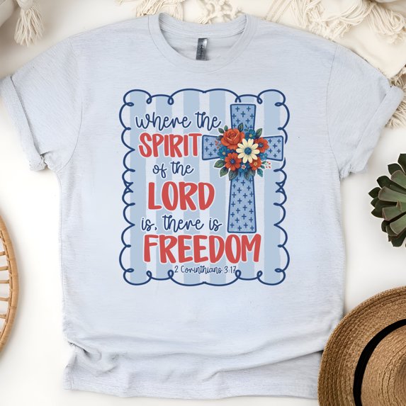 Spirit of the Lord Is Freedom Bible Verse T-Shirt | Christian Patriotic Women’s Tee, Ash, Size M