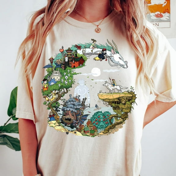 Spirited Away Studio Ghibli Comfort Colors T-Shirt, Ghibli My Neighbor Totoro Shirt, Howl's Moving Castle, Hayao Miyazaki,Ivory color,size M