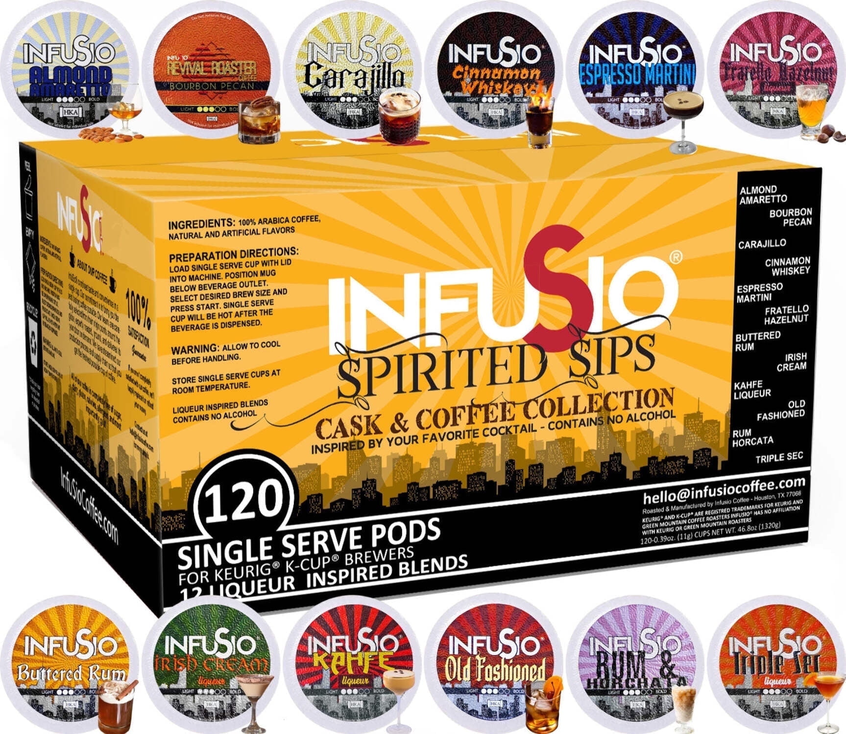 InfuSio Spirited Sips: Cask Coffee Collection, Cocktail-Inspired Coffee Pods 120 Count Variety Pack, 12 Flavors, Medium Roast, Compatible with Keurig Brewers