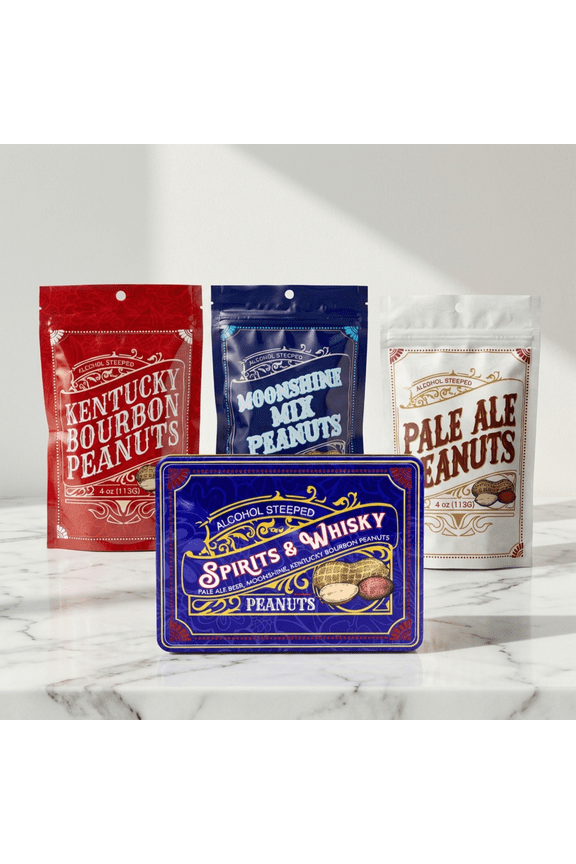 Spirits & Whisky Peanuts Men's Gift Tin 3 Gourmet Flavors | Moonshine, Pale Ale & Bourbon Peanuts