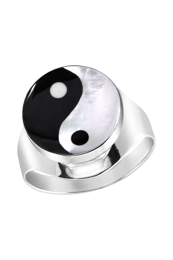 Spiritual Balance Yin and Yang Symbol Black Onyx Shell Sterling Silver Ring-8