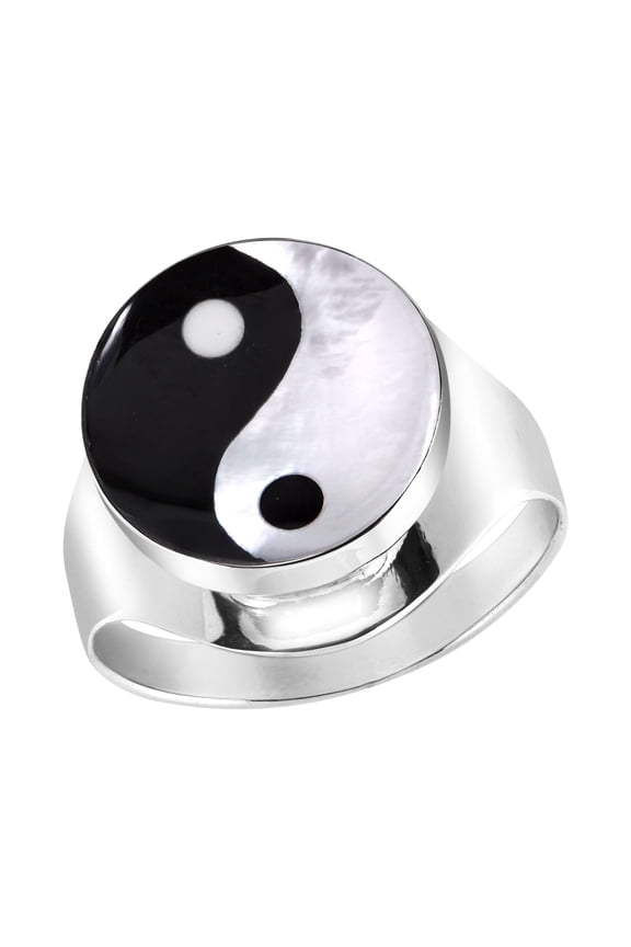 Spiritual Balance Yin and Yang Symbol Black Onyx Shell Sterling Silver Ring for Female Anniversary Size-9